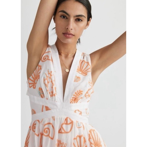 Anthropologie Maeve Embroidered‎ Scallop White Sea Shell Midi Sundress 10 Resort - Picture 5 of 16